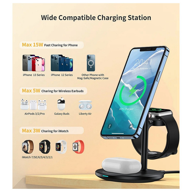 Зарядний пристрій 15W 3-in-1 Magnetic Wireless Fast Charger black Choetech