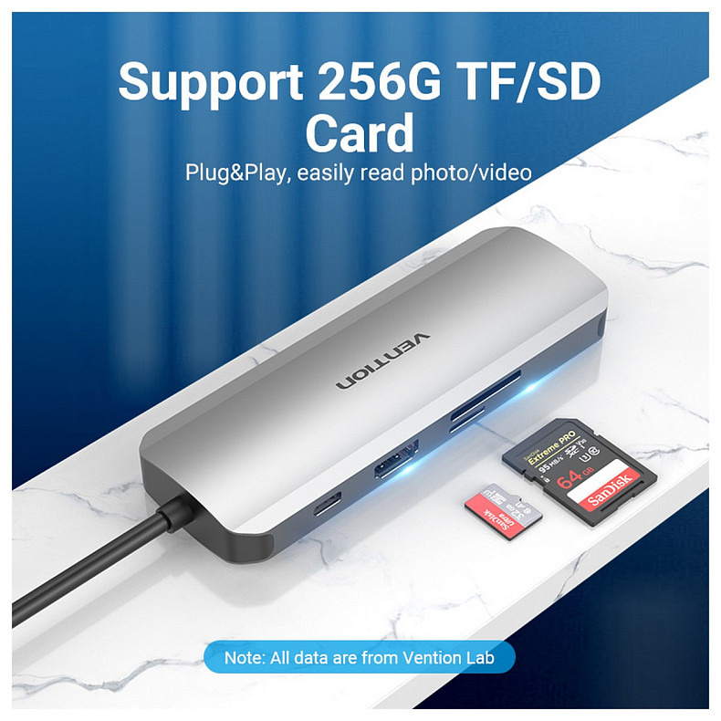 Док-станція USB3.1 Type-C --> HDMI/USB 3.0x3/RJ45/SD/TF/PD 100W Hub 8-in-1 Vention