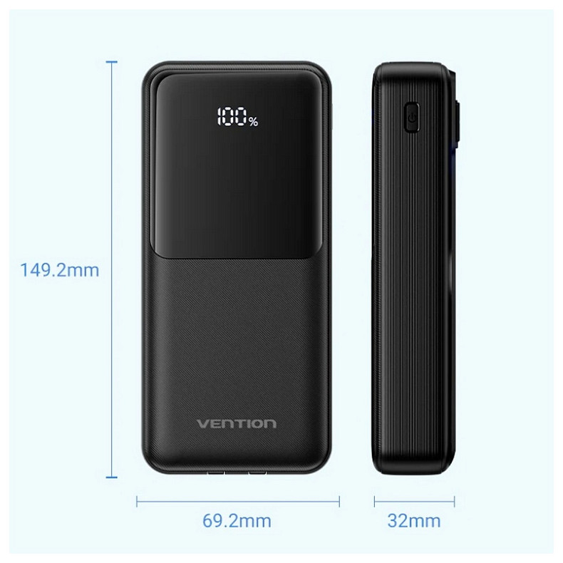 УМБ Vention 20000mAh 22.5W 3A PD, Micro-USB,USB-C,2xUSB-A,Built-in USB-C+Lightning Cables Black