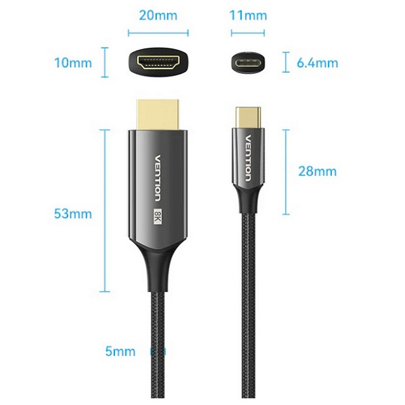 Кабель USB 3.1 Type-C M - HDMI M, 1.8m 8K 60 Гц Zinc Alloy TPE Black Vention