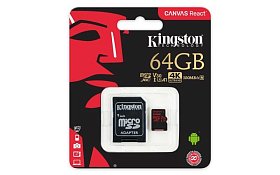 Карта памяти Kingston 64GB microSDXC C10 UHS-I U3 R100/W80MB/s + SD