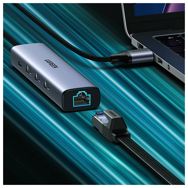 Хаб USB 3.0 Type-C -> 3xUSB 3.0 + RJ45 1000M CM475 Серый UGREEN