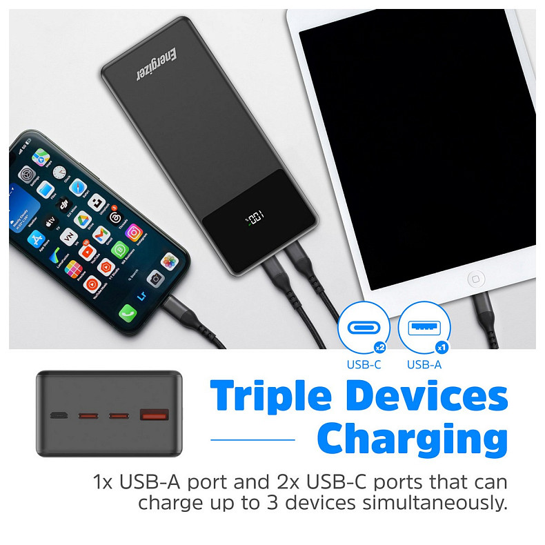 Універсальна мобільна батарея Energizer 27000 mAh 65W PD,QC3.0 USB-А, 2хUSB-C, Micro-USB, LCD display, Black