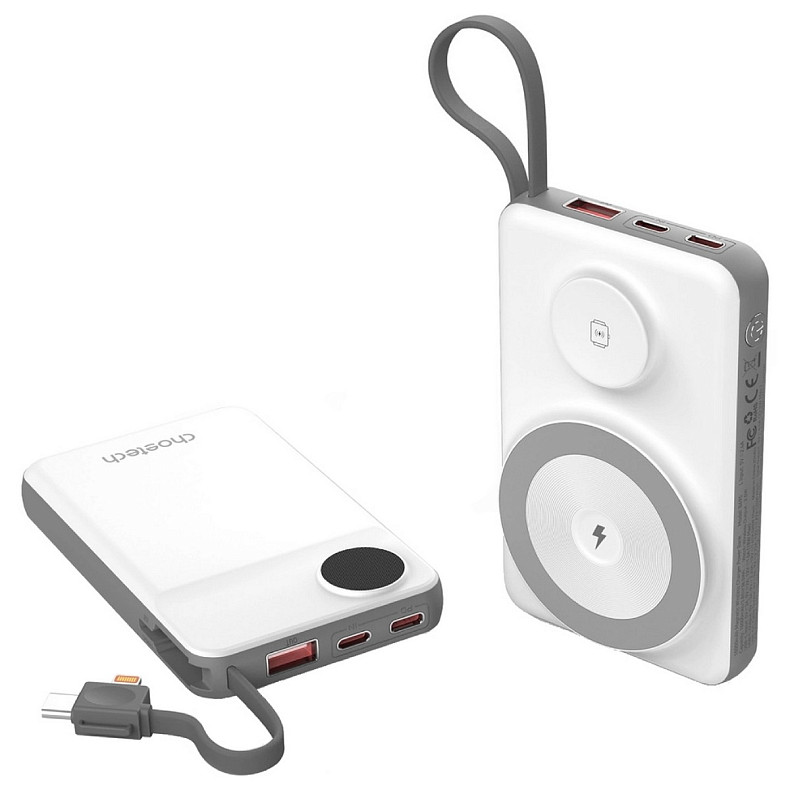 УМБ Choetech Magnetic Wireless 10000mAh 15W PD, QC3.0 USB-A+2USB-C 3in1charg, with build-incable White