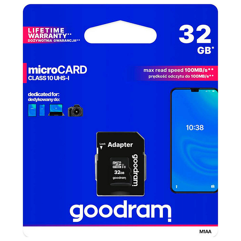 Карта памяти MicroSDHC 32GB UHS-I Class 10 Goodram + SD-adapter (M1AA-0320R12)