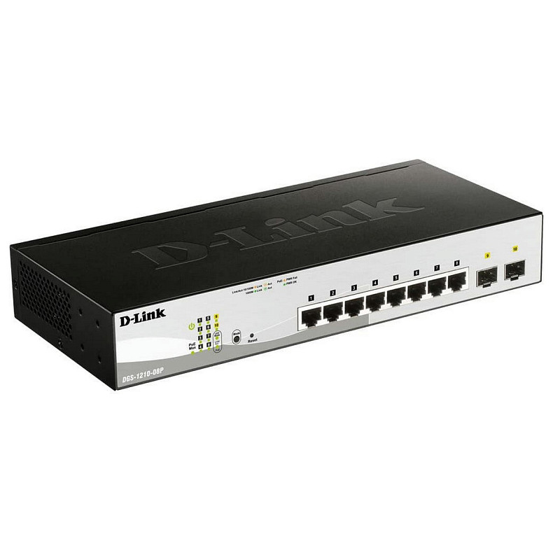 Коммутатор D-Link DGS-1210-08P 8x1GE PoE, 2xSFP