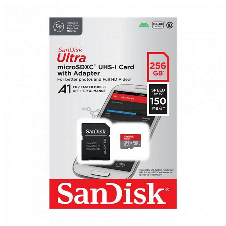 Карта пам'яті MicroSDXC 256GB UHS-I Class 10 SanDisk Ultra A1 R150MB/s + SD-adapter