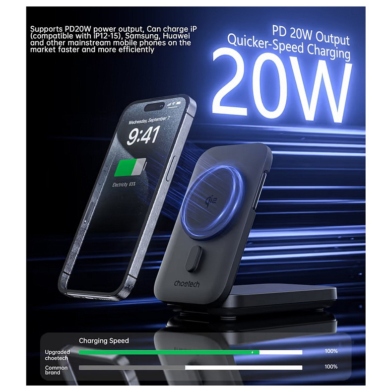 УМБ Choetech Magnetic Wireless 10000mAh 20W PD, QC USB-C, USB-Lightning Qi-2 15W, AppleWatch charg Black