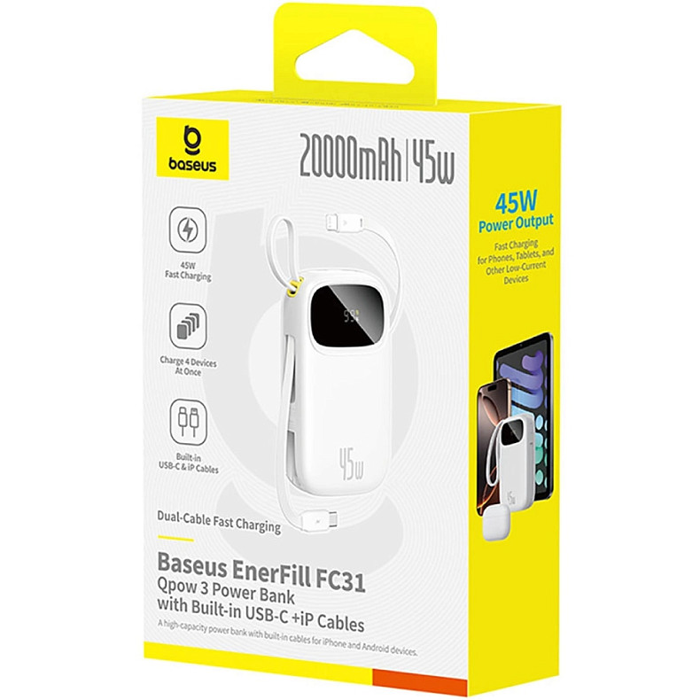 УМБ Baseus 20000mAh EnerFill FC31 45W PD,QC,USB-A,USB-C In/Out, built-in USB-C/Lightning cable White
