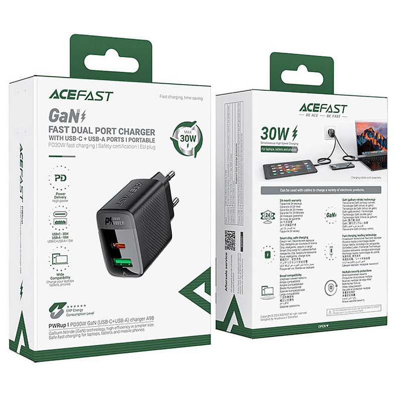 Зарядний пристрій 2xUSB 30W (USB-C+USB-A) Gan A98 Black Acefast
