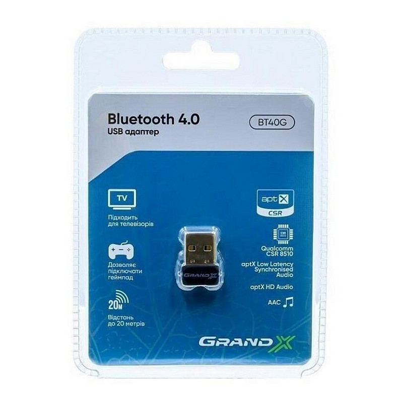 Bluetooth-адаптер Grand-X V4.0/4.1Master&Slave Low Energy LTE aptX (BT40G)