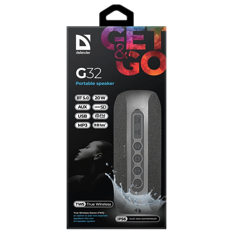 Акустична система 1.0 Defender G32 20W,BT/FM/USB/TF/AUX/TWS/IP56