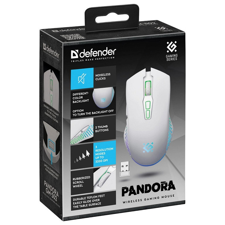 Мышка Defender Pandora GM-502, беспроводная, игровая, 7кн., 3200 dpi., 500 mAh, черная