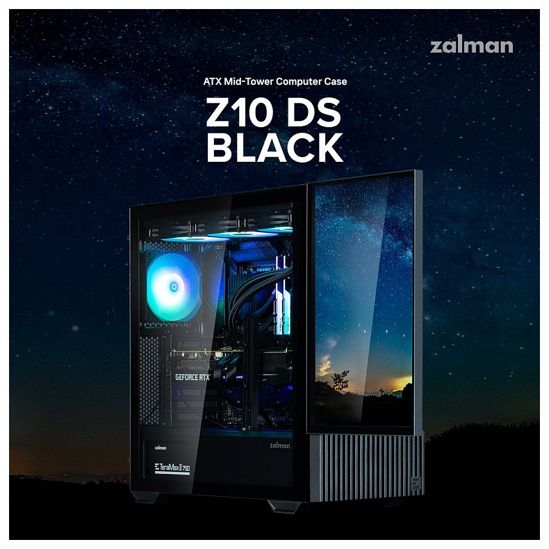 Корпус Zalman Z10 DS, без БЖ, 2xUSB3.0, 1хUSB Type-C, 2х120мм, 1x120мм ARGB, TG Side Panel, ATX, Mon