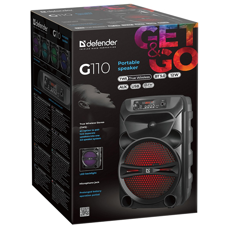 Акустическая система 1.0 Defender G110 12W, Light/BT/FM/USB/LED/AUX