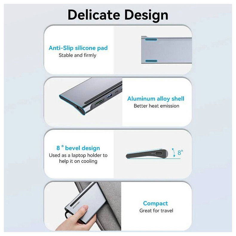 Док-станция USB3.1 Type-C --> HDMI/VGA/USB3.0x3/RJ45/SD/TF/TRRS 3.5mm/PD 100W Vention 11in1
