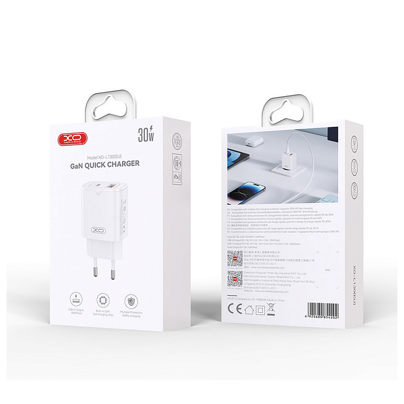 Сетевое зарядное устройство XO L130 (1USB-С, 1USB, 3А) PD, QC 3.0 White (L130.white)
