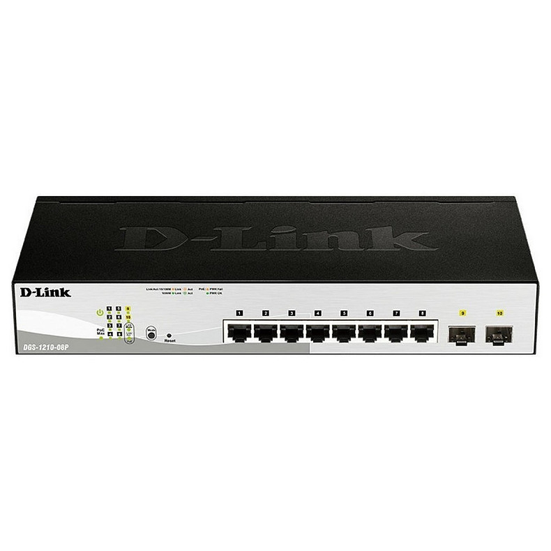 Коммутатор D-Link DGS-1210-08P 8x1GE PoE, 2xSFP