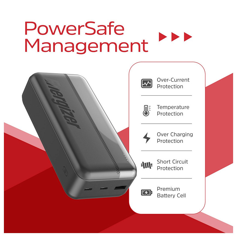Універсальна мобільна батарея Energizer 30000mAh 15W 3A, USB-А, 2хUSB-C Black