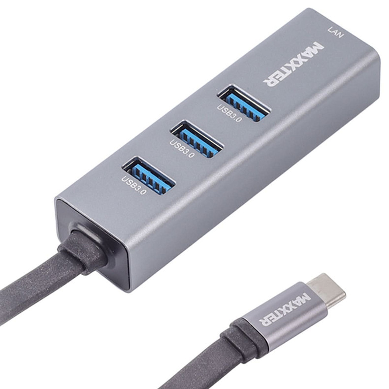 USB-хаб Type-C на Gigabit Ethernet, 3 Ports USB 3.0, 1000 Mbps, метал, темно-сірий