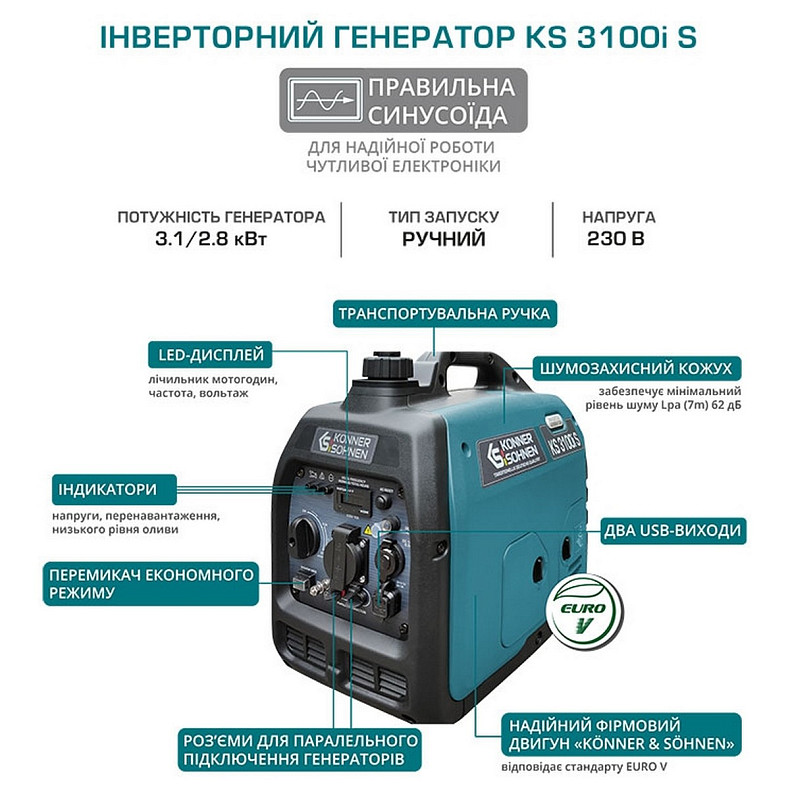 Генератор инверторный бензиновый Konner&Sohnen KS 3100i S, 230В, 3.1кВт, ручной тартер, 21.5кг