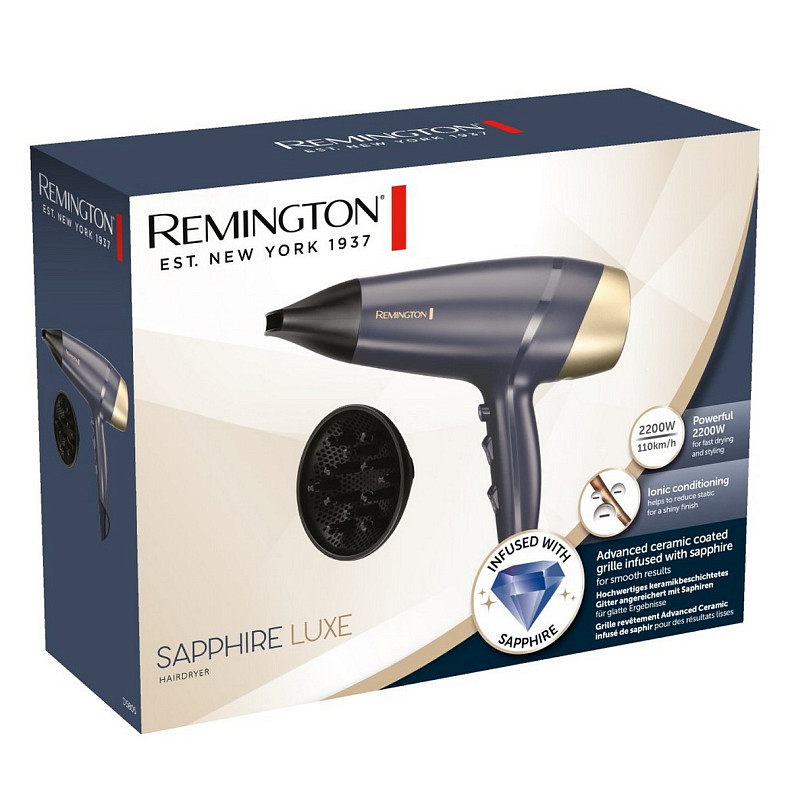 Фен Remington Sapphire Luxe , 2200Вт, 3 режими, дифузор, іоніз-я, хол. обдув, сапфіровий