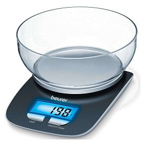 Весы Beurer кухонные с чашей, 3кг, емкость 1,2л., 2хААА в комплекте, стекло, черный