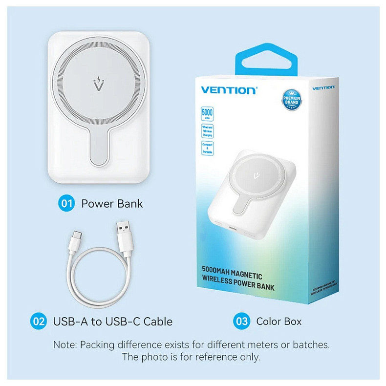 УМБ Vention Magnetic Wireless 5000mAh 20W 3A,PD 1xUSB-C,Light Indicator, White