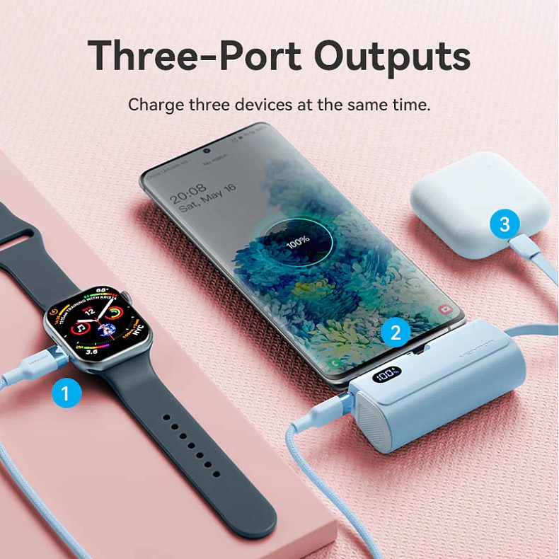 УМБ Vention 4800mAh 22,5W PD, USB-C In/Out, LED display, with built-in USB-C cable Blue