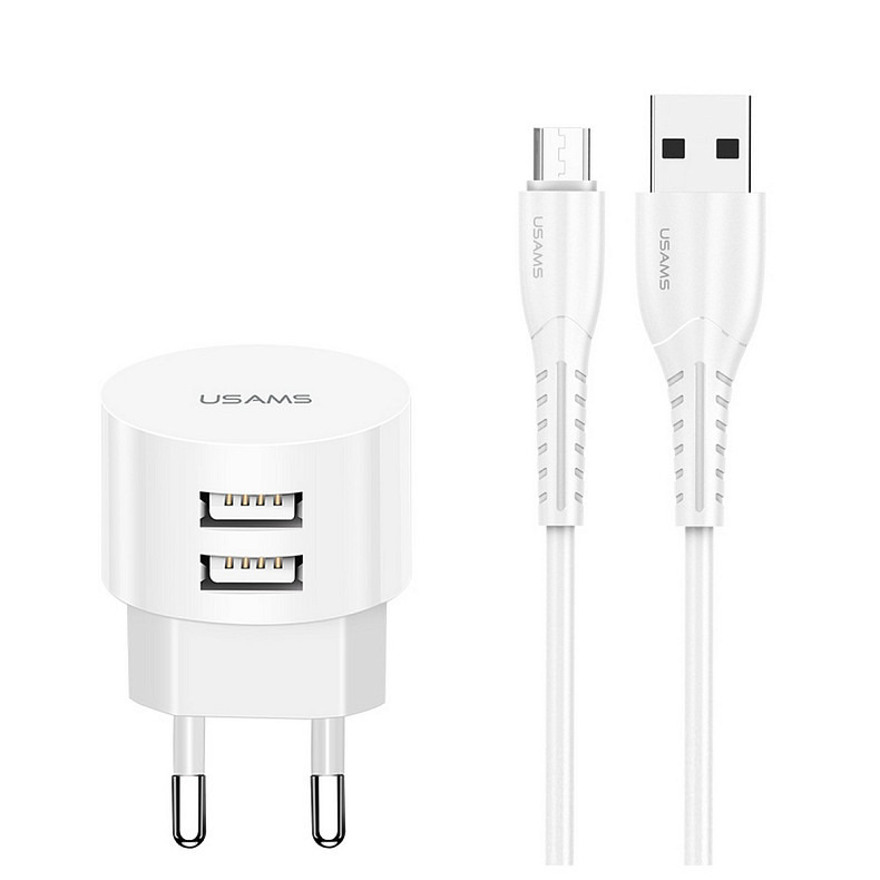 Зарядний пристрій Usams T20 (2USB, 2.1А) White (XTXLOGT18TC05) + кабель Type-C