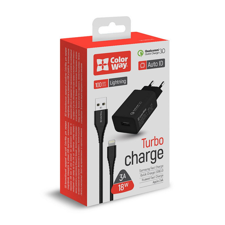 Сетевое зарядное устройство ColorWay (1USBx3A) QC3.0 Black (CW-CHS013QCL-BK) + кабель Lightning