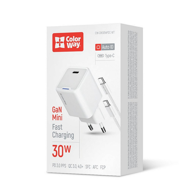 Сетевое зарядное устройство ColorWay GaN Mini 30W PD Port PPS USB-C White (CW-CHS054PDC-WT) + кабель