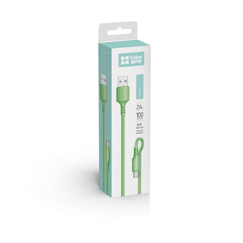 Кабель ColorWay USB-USB Type-C, soft silicone, 2.4А, 1м, Green (CW-CBUC042-GR)