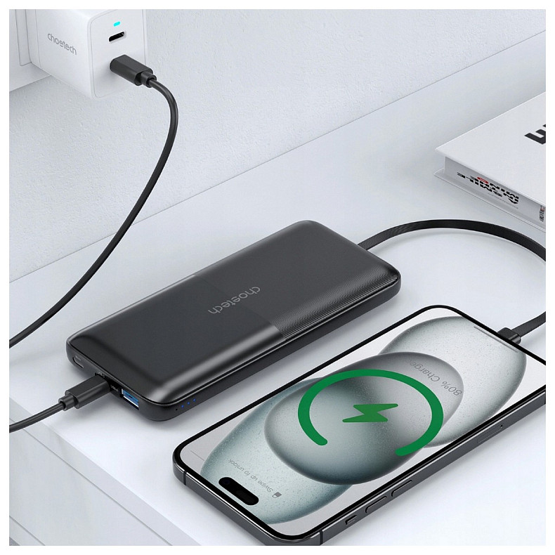 УМБ Choetech 10000mAh 22,5W Fast Charge MicroUsb,USB-A,USB-C,build-in USB-C/Lightning cable Black