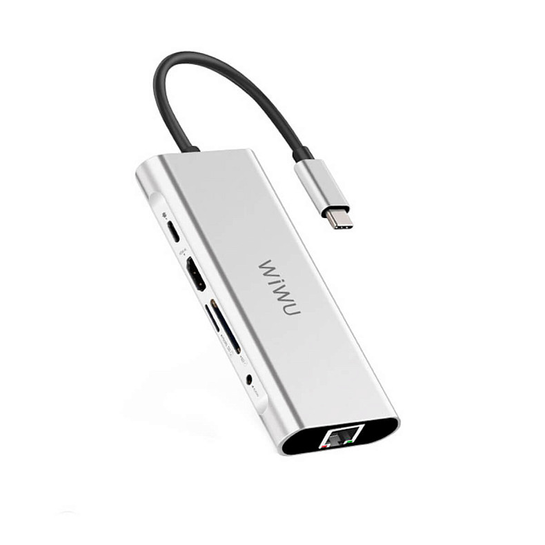 Адаптер WIWU Adapter Apollo A931HRT USB-C to 3xUSB3.0+RJ45+USB-C+HDMI+micro SD+SD+Mini-jack 3.5 HUB Silver