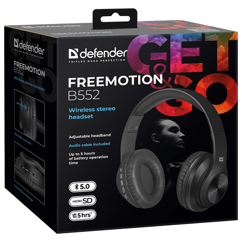 Наушники DEFENDER (63552) FreeMotion B552 черный, Bluetooth