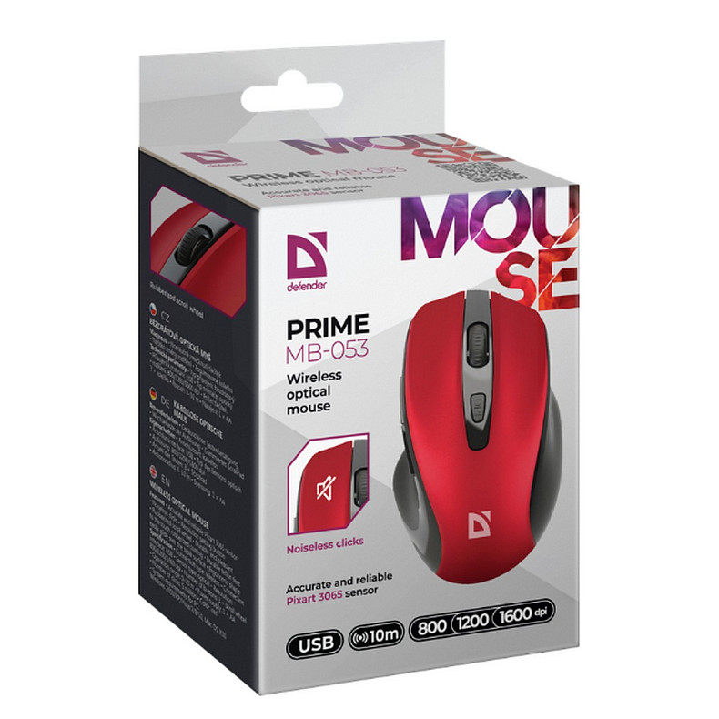 Мышь DEFENDER (52052) Prime MB-053, 6D, 800-1600dpi, RED, wireless, silent