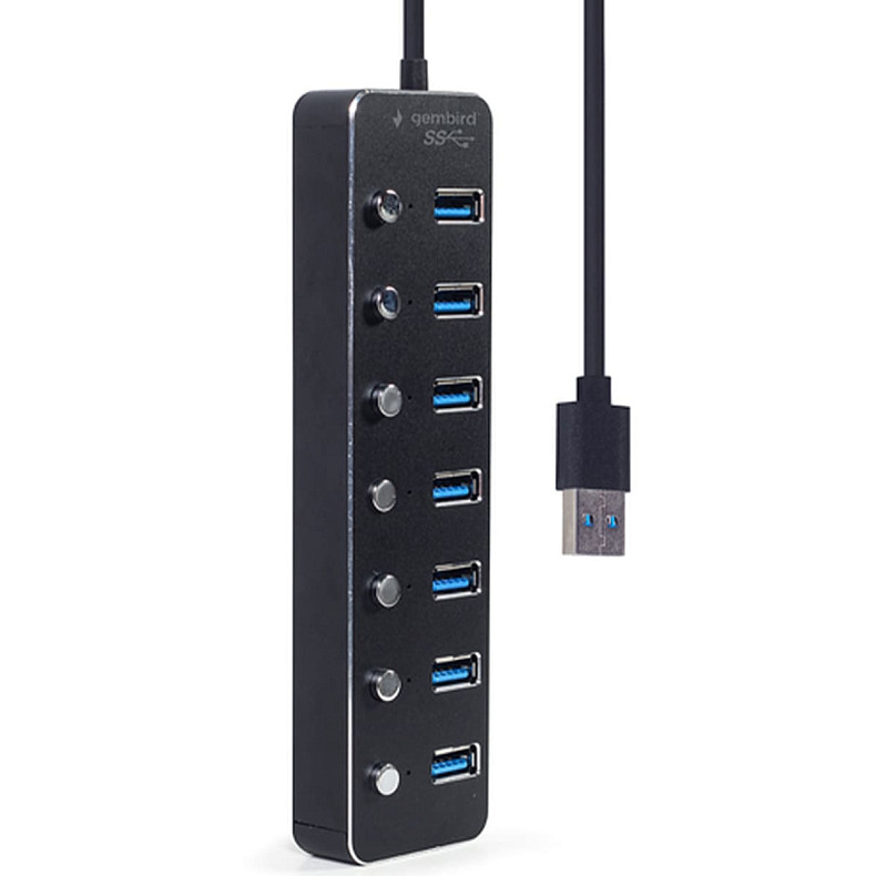 USB-хаб Gembird UHB-U3P7P-01 на 7 портiв USB 3.0, з вимикачами, пластик\метал, чорний