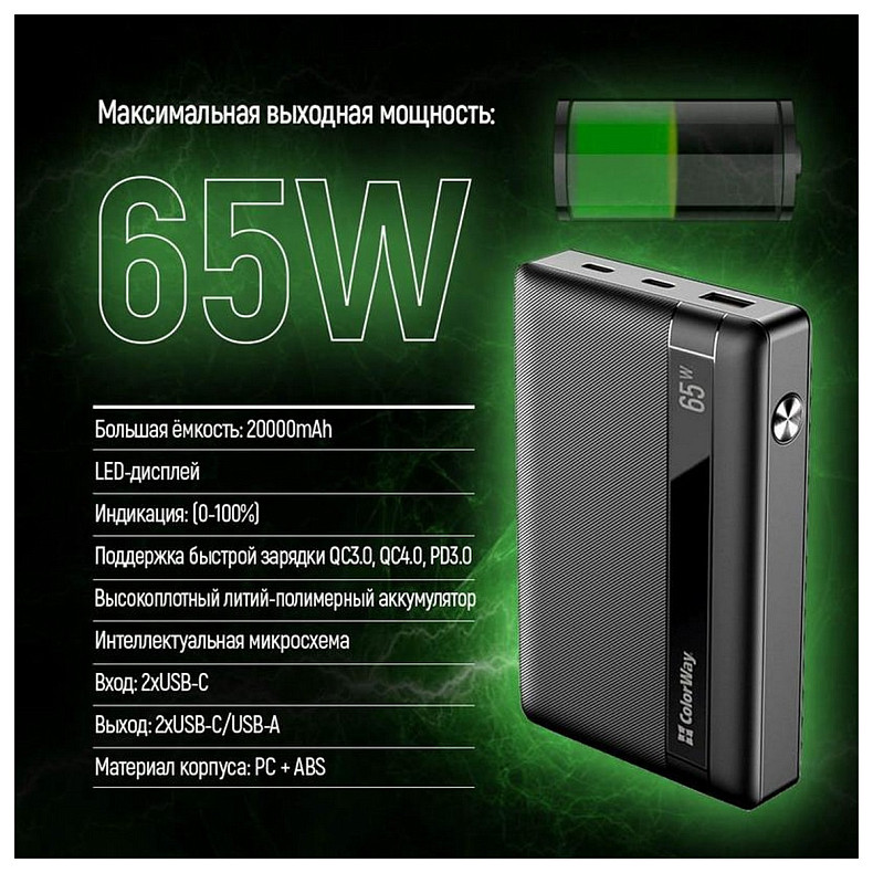 Універсальна мобільна батарея ColorWay Powerful 20000mAh Black (CW-PB200LPA3BK-PDD)