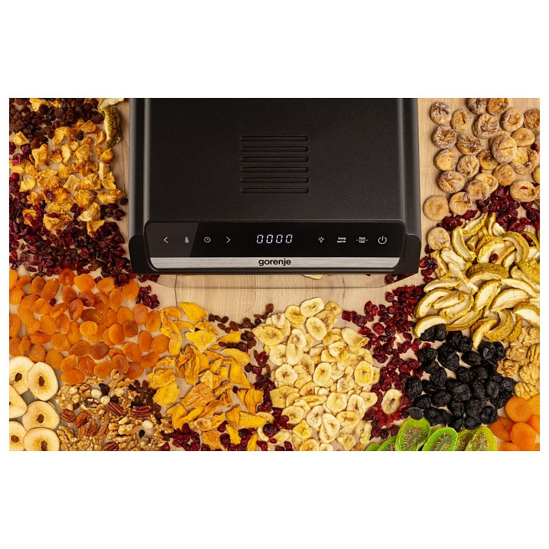 Сушарка для продуктів Gorenje 580Вт, піддонів - 6x1.5см, діаметр - 25см, макс - 75°С, дисплей, пласт