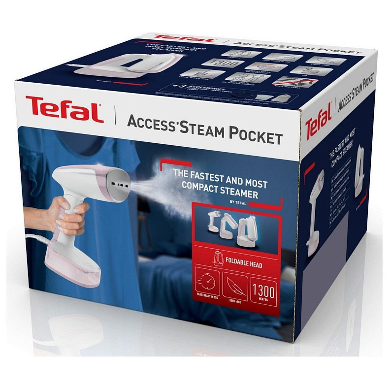 Відпарювач Tefal компактний Access' Steam Pocket, 1300Вт, 120мл, постійна пара - 25гр, біло-рожевий