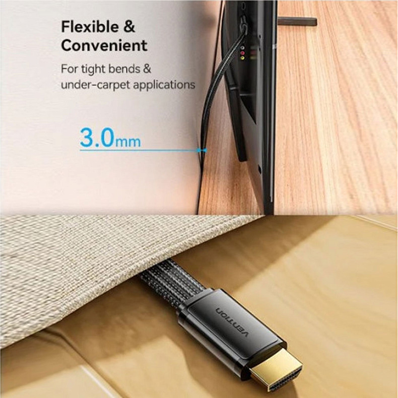 Кабель HDMI M - M, 2.0 м, V2.1, 8K 60Гц, плаский з обплетенням, Vention