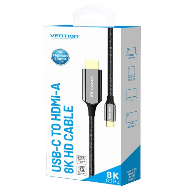 Кабель USB 3.1 Type-C M - HDMI M, 1.8m 8K 60 Гц Zinc Alloy TPE Black Vention