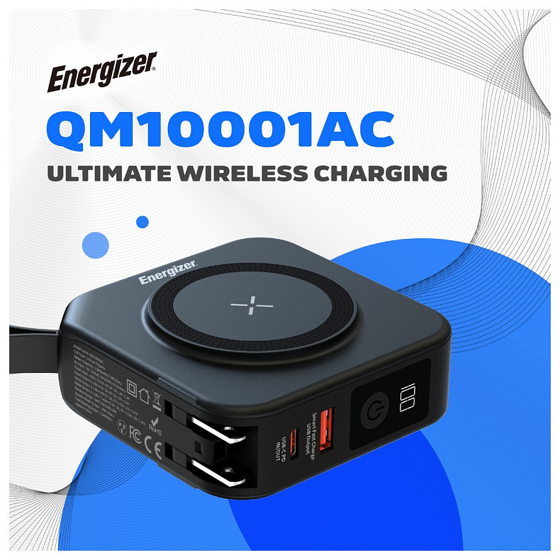 УМБ Energizer Magnetic Wireless 10000mAh 20W PD,AC зарядка,QI-15W, built-in USB-C,USB-А,USB-C In/Out