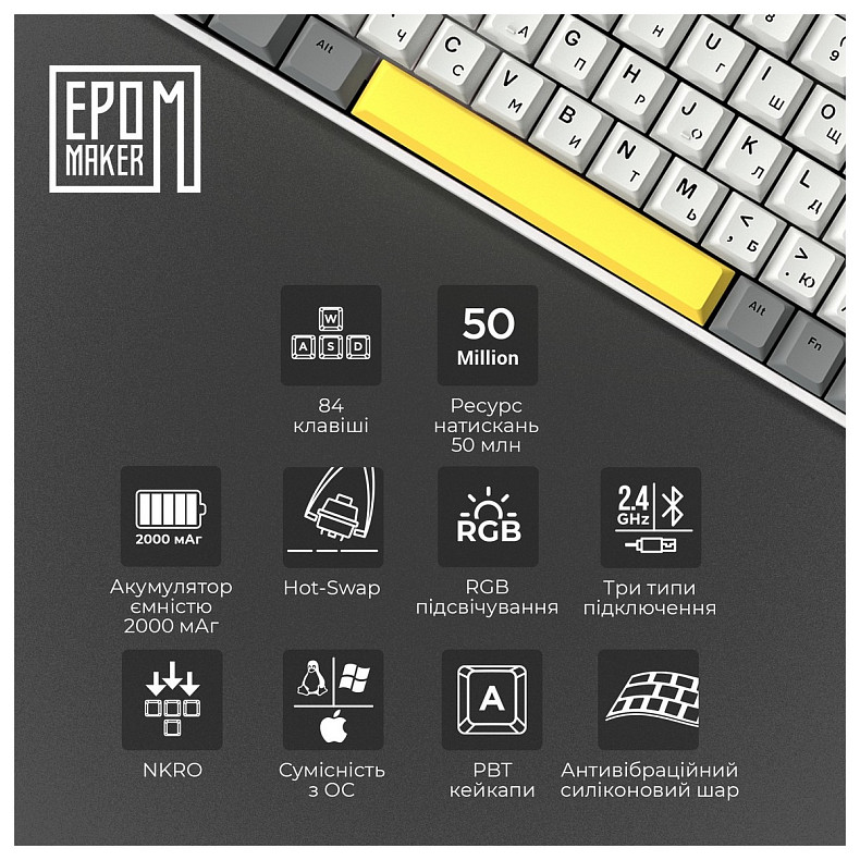 Клавиатура Epomaker EP84 Plus 75% Wisteria Linear Switch Hot-Swap (2.4G/BT/USB) RGB UA