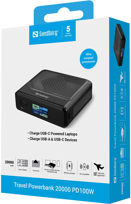 УМБ Sandberg 20000mAh Travel 100W PD,QC3.0, USB-A, USB-C In/Out, QI 15W