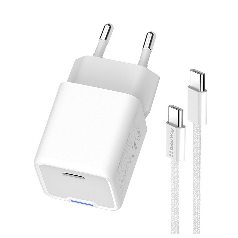 Сетевое зарядное устройство ColorWay GaN Mini 25W PD Port PPS USB-C White (CW-CHS052PDC-WT) + кабель