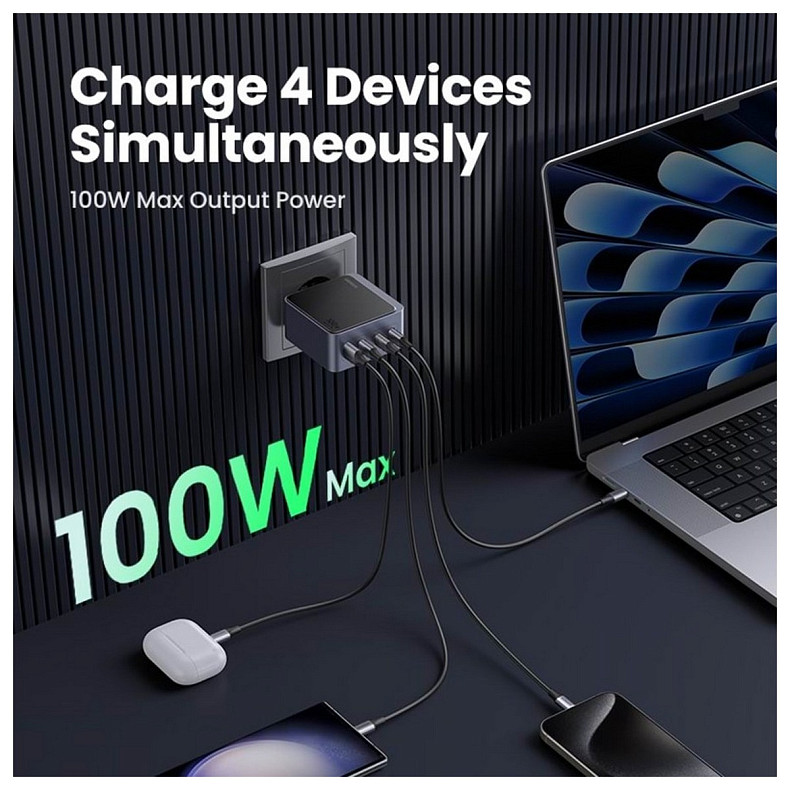 Зарядний пристрій 4xUSB 100W (3xUSB-C+USB-A) Gan Nexode Fast Charger Сірий X553 Ugreen