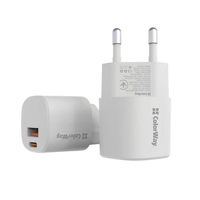 Мережевий зарядний пристрій ColorWay GaN PD Port PPS USB (Type-C PD + USB QC3.0) (33W) White (CW-CHS