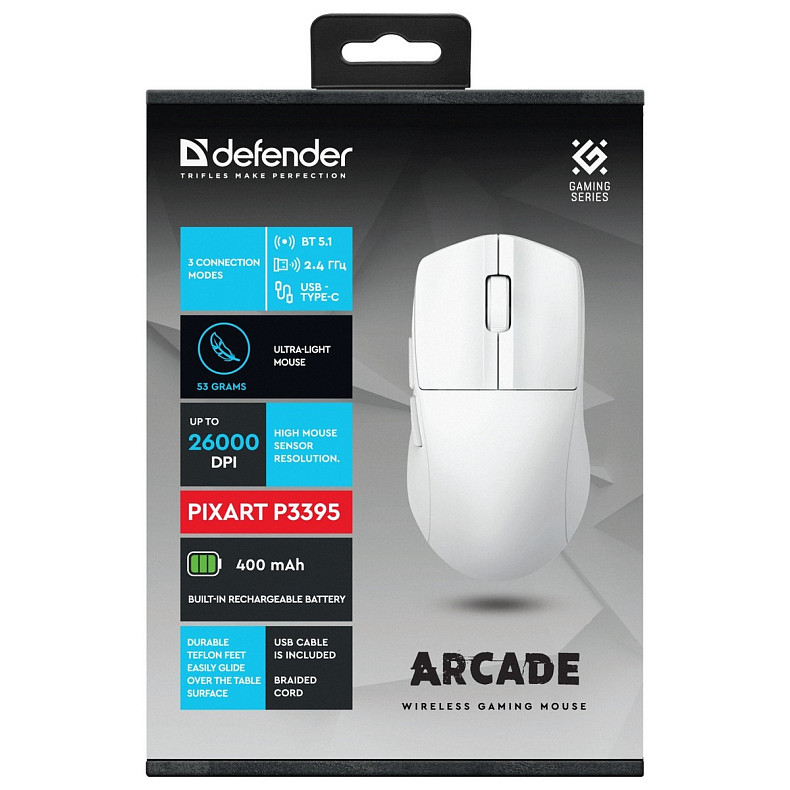 Мышка Defender Arcade GM-381, беспроводная, Bluetooth+2.4 ГГц, игровая, 6 кН. 26000 dpi, 400mAh, белая